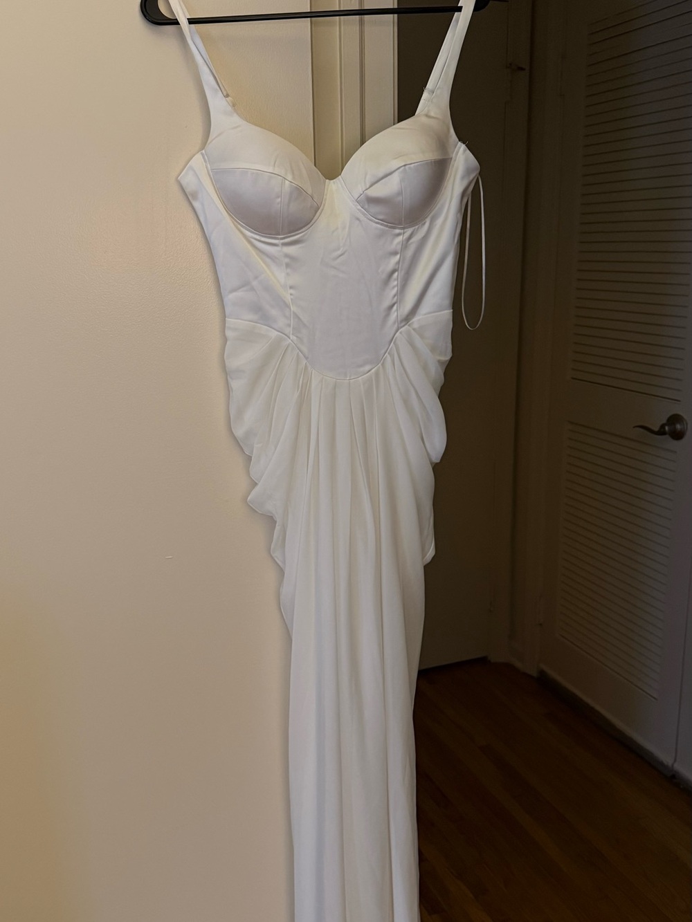 Fashion Nova White Bustier Maxi Dress with Draped Paneled Skirt
